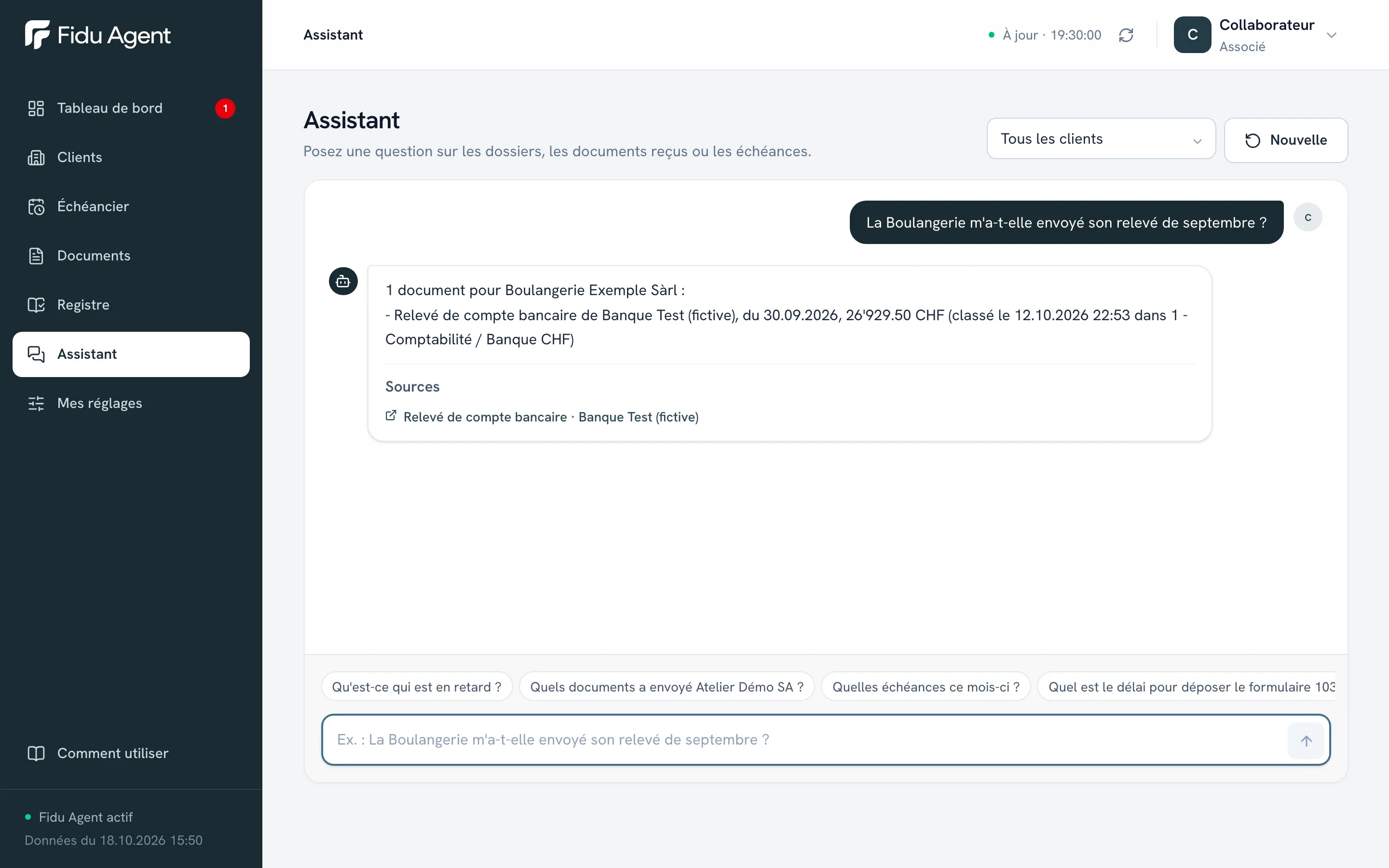 Assistant de Fidu Agent répondant à une question sur le relevé bancaire de septembre de Boulangerie Exemple Sàrl, avec sa source.