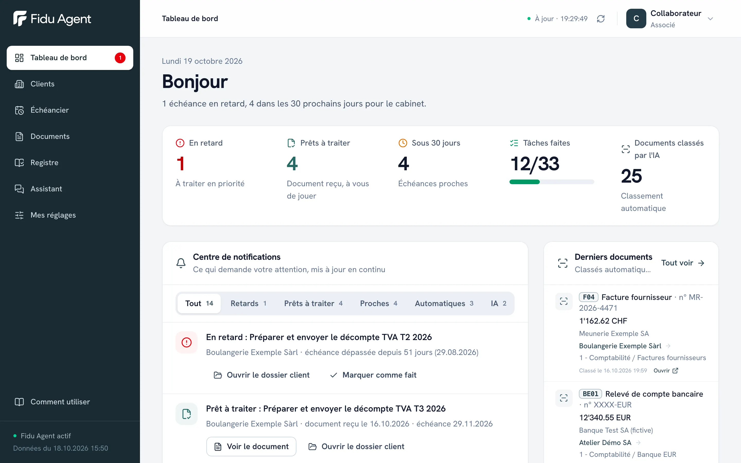 Tableau de bord de Fidu Agent avec les derniers documents classés, les tâches à traiter et les documents à vérifier.