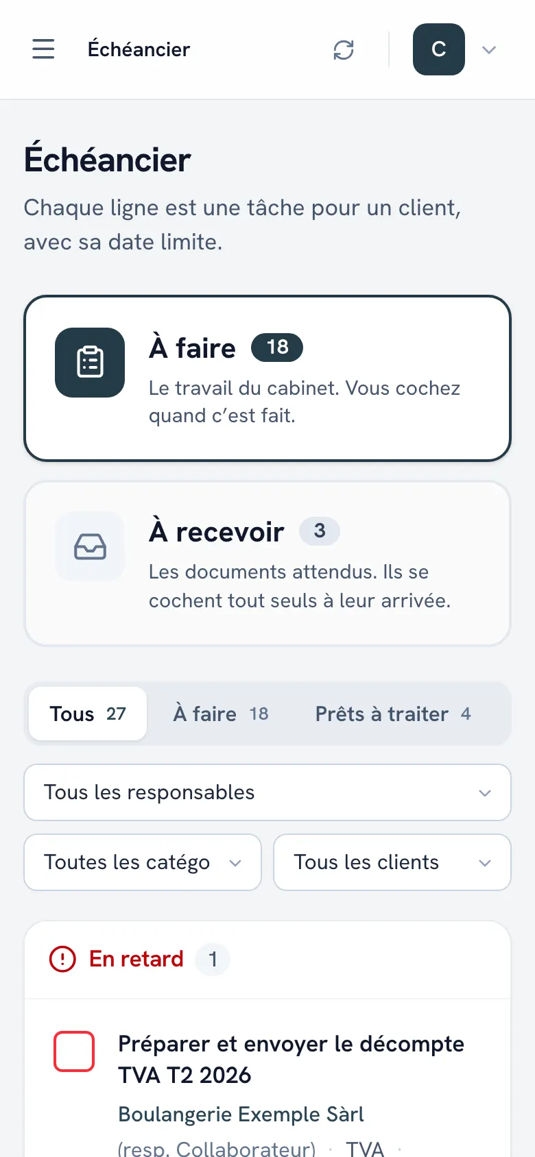 Échéancier de Fidu Agent avec des tâches TVA, AG et impôts pour plusieurs sociétés, en rouge, orange et vert selon leur état.