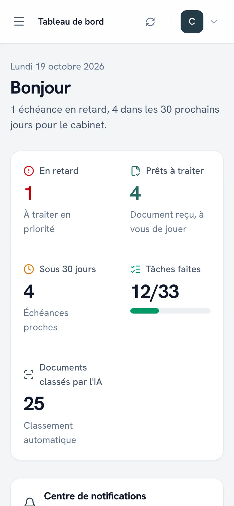 Tableau de bord de Fidu Agent avec les derniers documents classés, les tâches à traiter et les documents à vérifier.